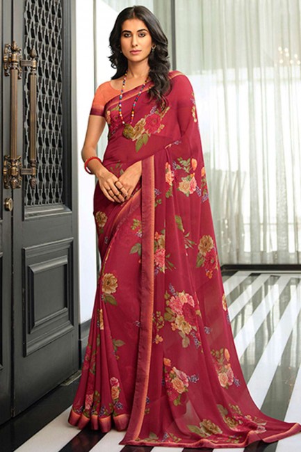 meilleur sari en georgette avec bordure en dentelle imprimée