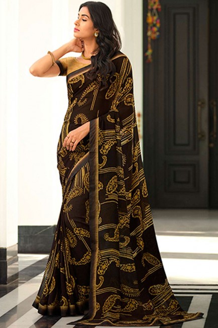 noir imprimé, sari bordure dentelle en georgette