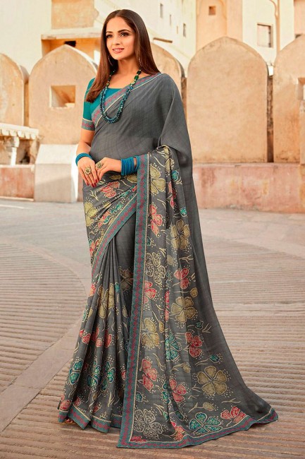 imprimé, bordure en dentelle Georgette sari gris avec chemisier