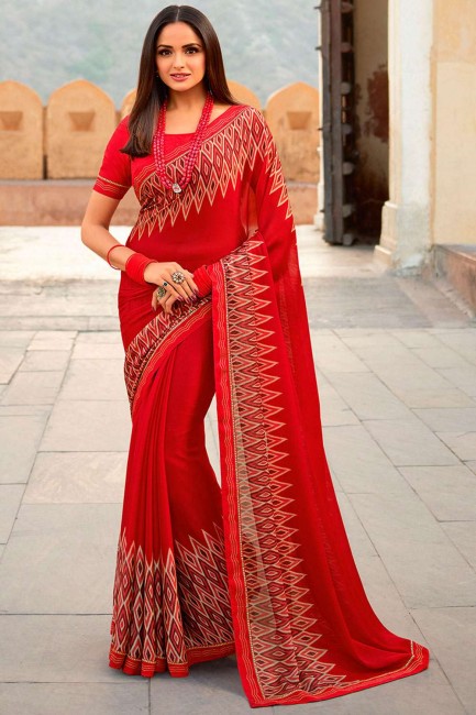 sari en georgette imprimé et bordé de dentelle rouge