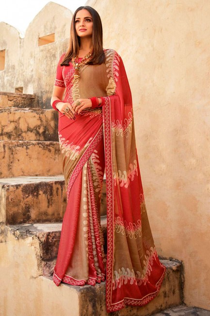 sari rose imprimé en georgette avec bordure en dentelle et chemisier