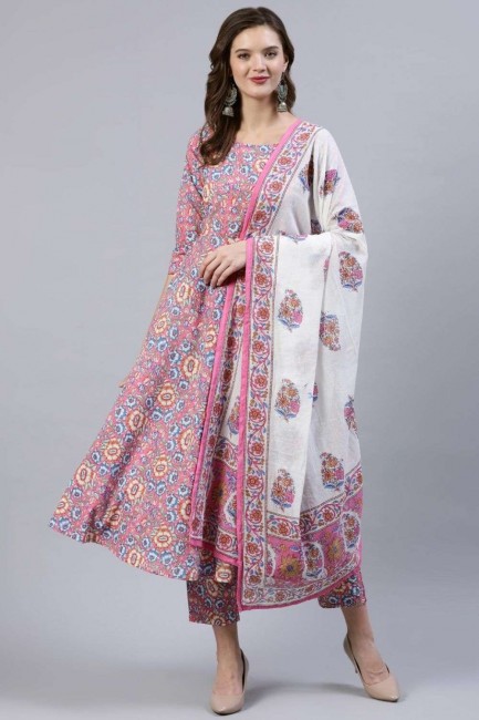 Costume Anarkali en coton rose avec imprimé