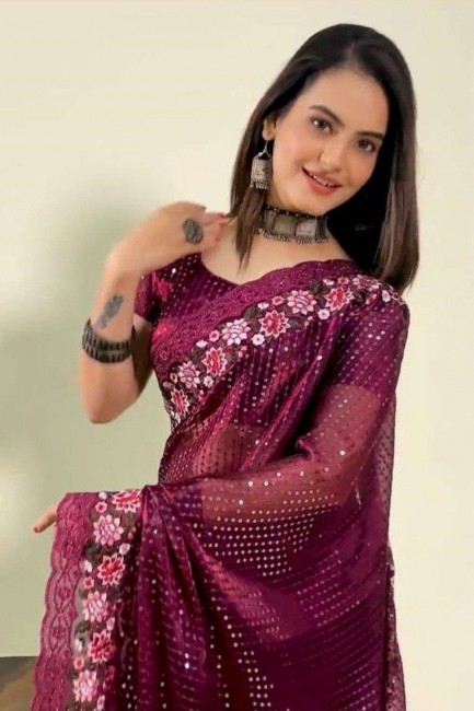 Embroidered Silk Purple Saree