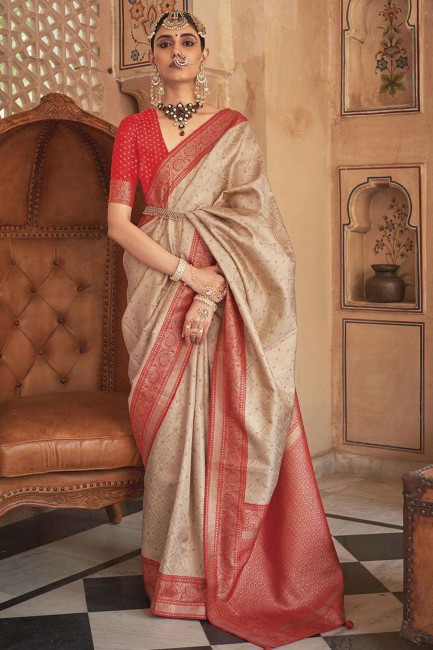 sari en soie beige banarasi avec zari, tissage