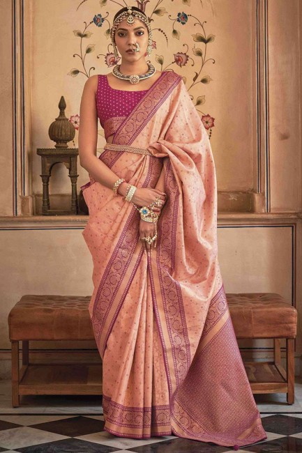 peach sari in zari,weaving banarasi silk