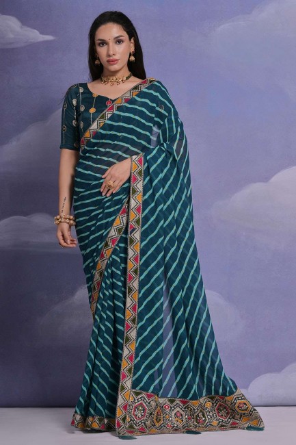 teal blue  georgette sari with sequins,digital print