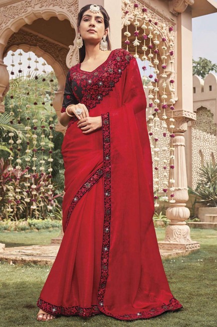 shimmer embroidered wine red sari with blouse