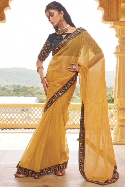 yellow sari with embroidered art silk