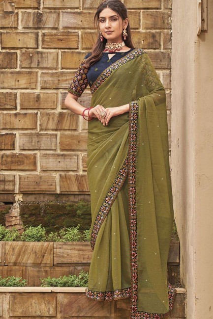 embroidered sari in mahendi  art silk