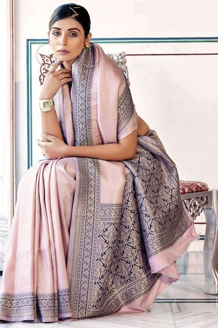 silk sari in pink with zari,thread,weaving