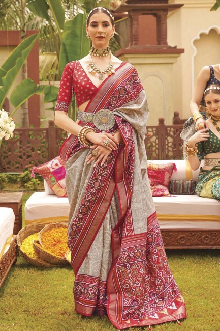 off white  sari in printed,weaving silk