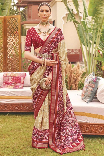 silk sari with weaving in cream