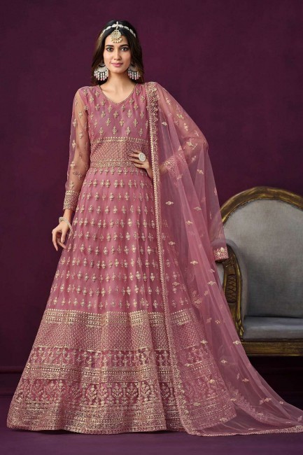 Costume Anarkali en filet brodé en rose