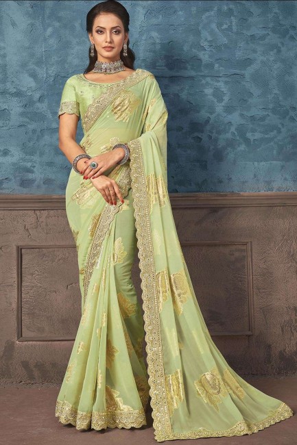 sari in pista  georgette with embroidered