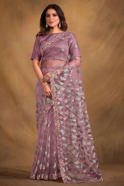paillettes de velours, fil, brodé, pierre avec moti sari violet clair avec chemisier