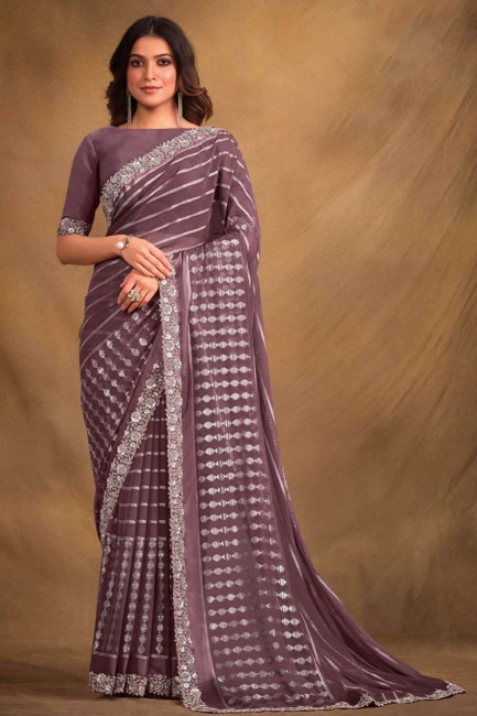 sari lavande en georgette avec pierre, paillettes, brodé