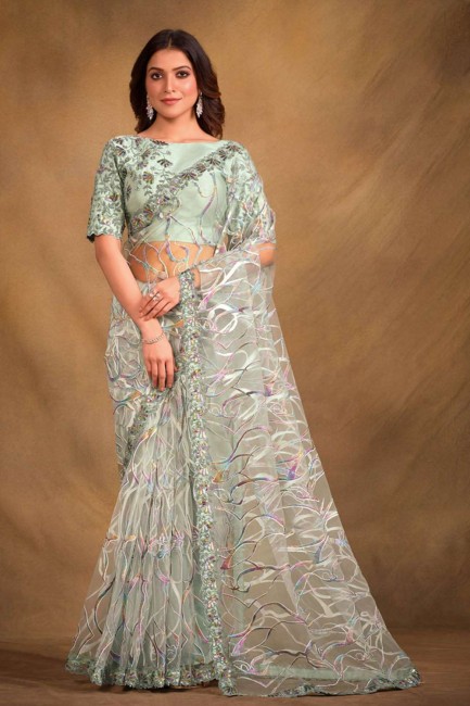 stone,sequins,embroidered velvet sea green  sari with blouse