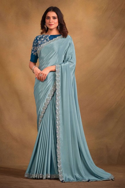 light blue sari in georgette with stone,sequins,embroidered