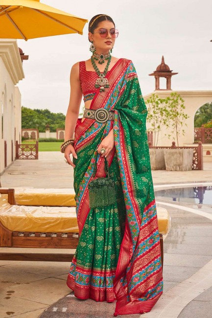 vert imprimé, tissage sari en soie