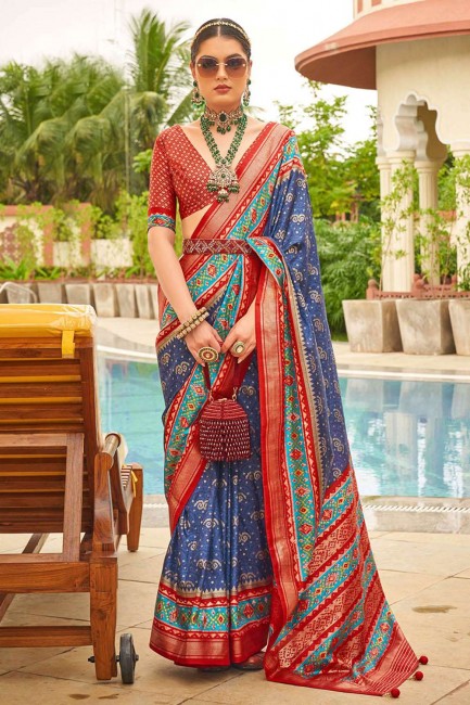 printed,weaving silk sari in blue with blouse