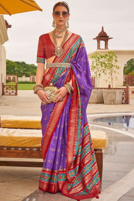 silk sari with printed,weaving in purple