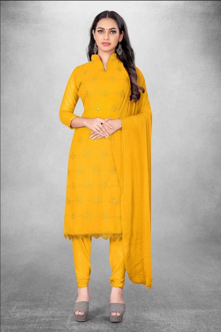 yellow embroidered straight suit in georgette
