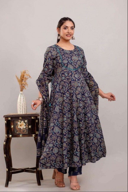 Costume Anarkali en rayonne imprimée en bleu avec dupatta