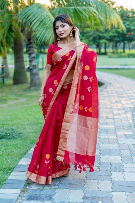 maroon sari in linen with zari,thread,weaving