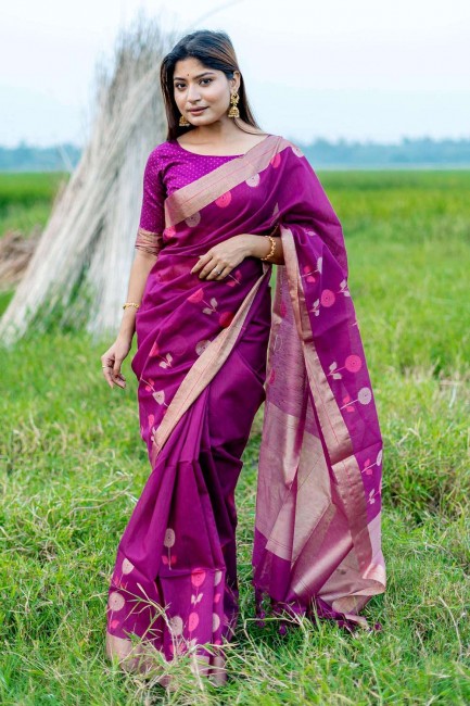 sari violet en lin avec zari, tissage