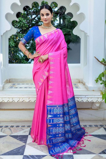 Tussar soie rose sari en zari, tissage