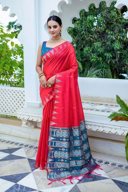 red zari,weaving tussar silk sari