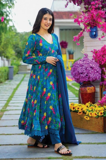 Costume Anarkali bleu en mousseline avec impression numérique