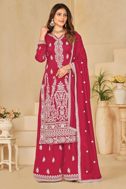 embroidered silk pink palazzo suit with dupatta