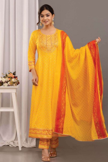 rayon printed yellow salwar kameez with dupatta