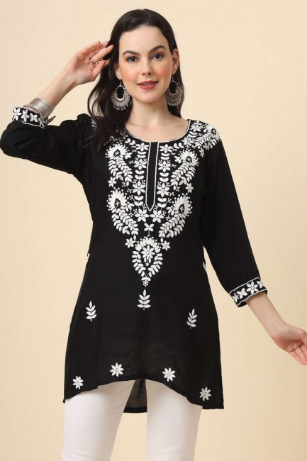kurti in black rayon with embroidered