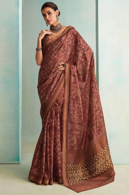 jute sari in brown with zari,beads,printed,weaving