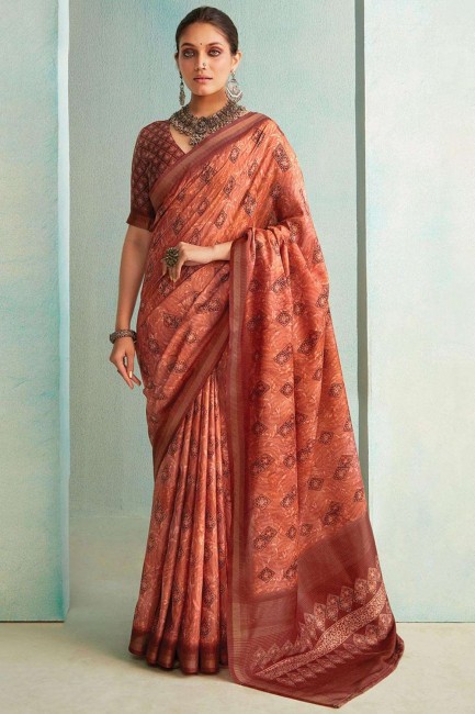 zari,beads,printed,weaving jute sari in brown with blouse