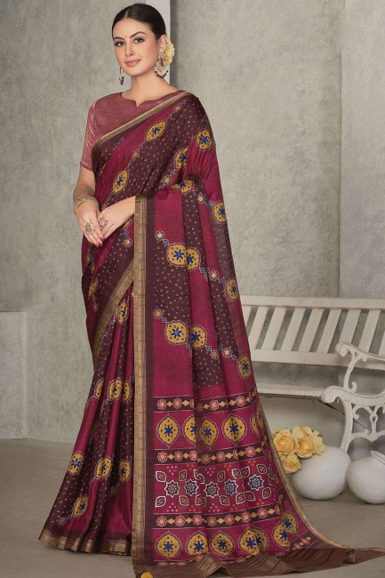 maroon embroidered tussar silk sari
