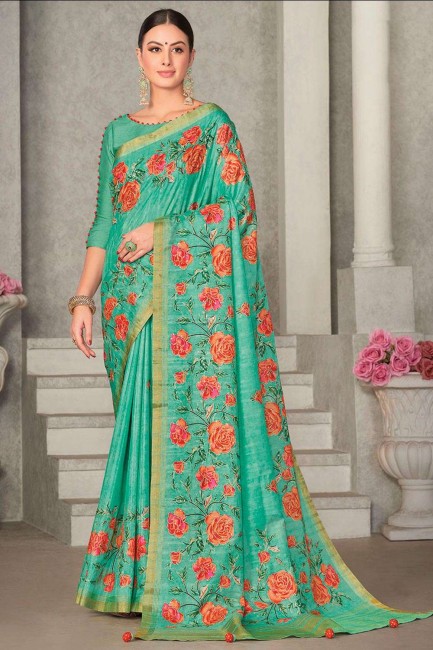 sea green  embroidered tussar silk sari
