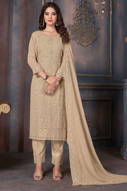 beige  straight pant suit with embroidered georgette