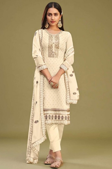 embroidered straight pant suit in off white georgette