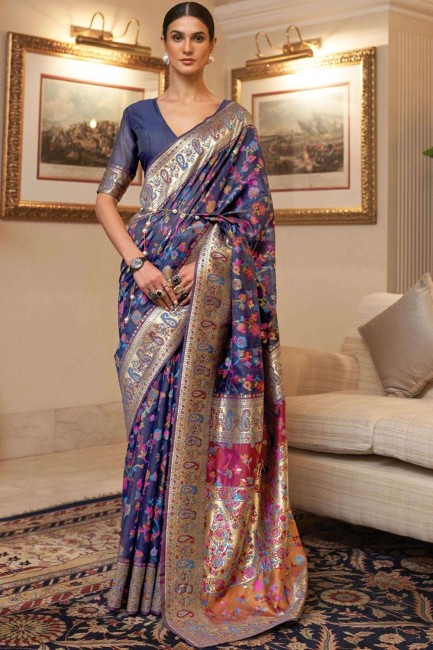 printed sari in blue handloom silk