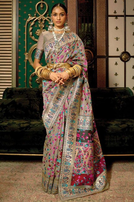 handloom silk printed grey sari with blouse