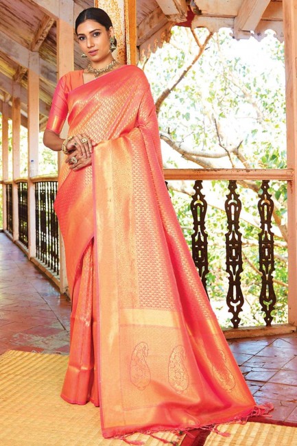 zari,weaving handloom silk sari in orange