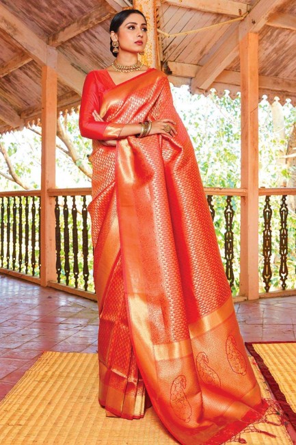 Zari, tissage Handloom soie Saree Orange avec chemisier