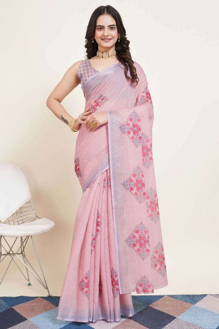 sari rose en coton imprimé numérique avec chemisier