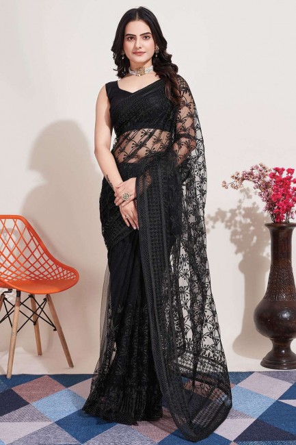 black embroidered soft net sari