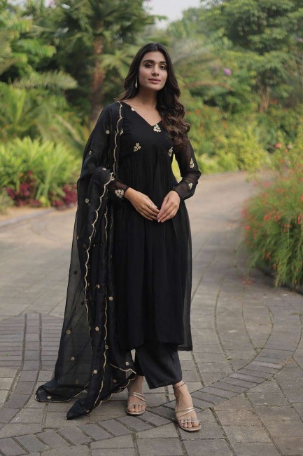 Costume Anarkali en fausse georgette brodé en noir