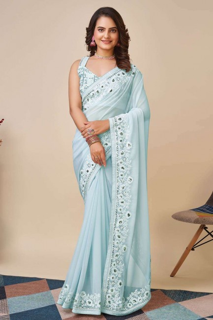 Saris en soie Zari bleu ciel avec chemisier