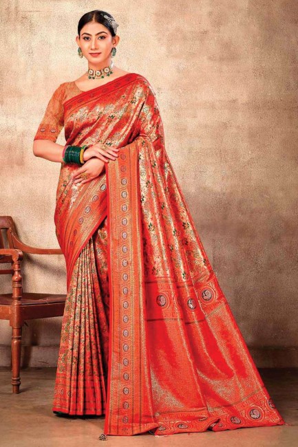 Saree en soie Banarasi avec fil en rouge